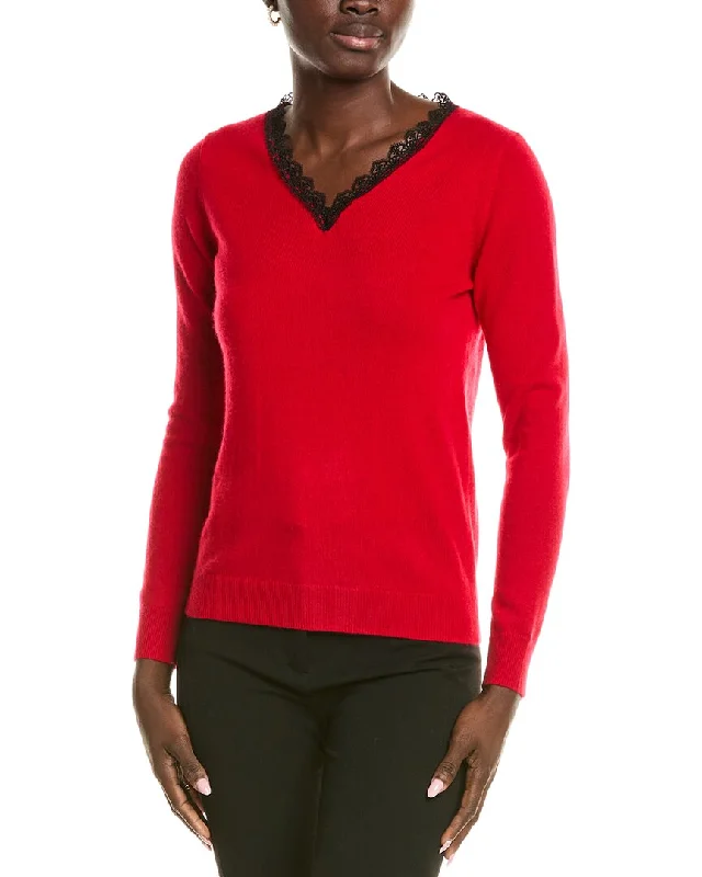 sofiacashmere Lace Trim Cashmere Sweater Welt Pockets Slit Pockets Flap Pockets
