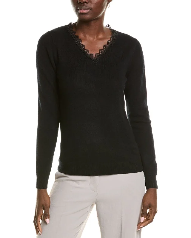 sofiacashmere Lace Trim Cashmere Sweater Real Fur Shearling Chenille