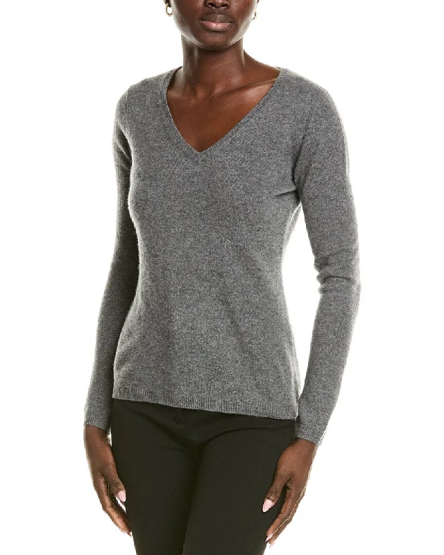 sofiacashmere Modern V-Neck Cashmere Sweater Glossy Satin Silk