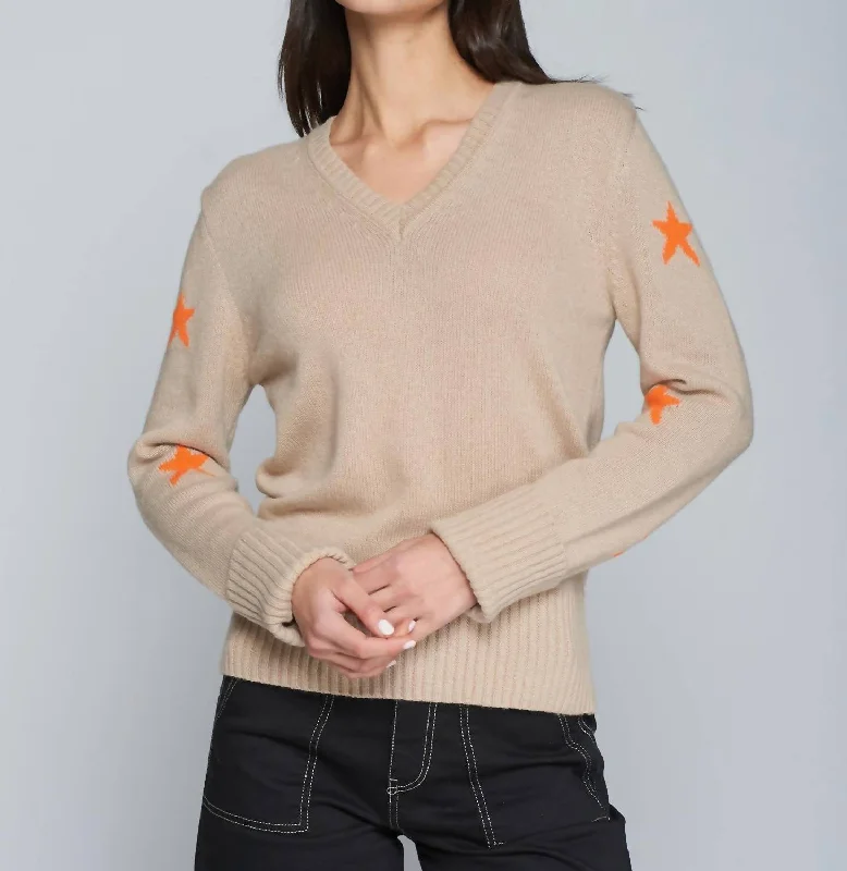 Star Sweater Intarsia Oatmeal In Beige With Orange Stars Solid Color Striped Floral Print Star Sweater Intarsia Oatmeal In Beige With Orange Stars Solid Color Striped Floral Print