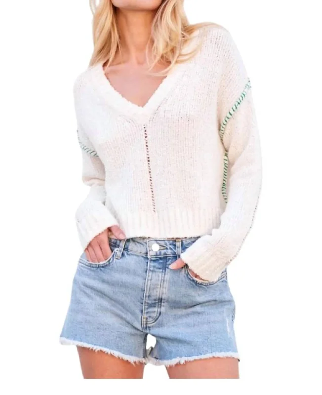 V-Neck Sweater In Cream Fitted Loose Oversized