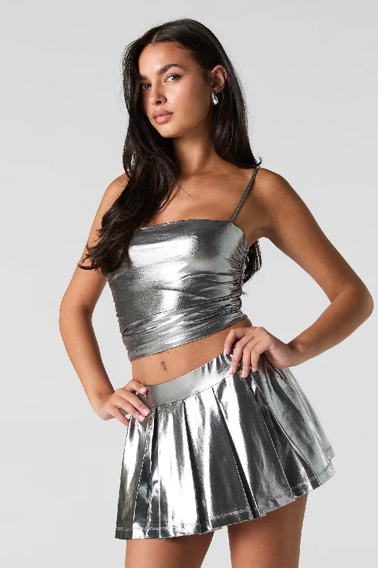 Metallic Pleated Mini Skort linen skirt breathable