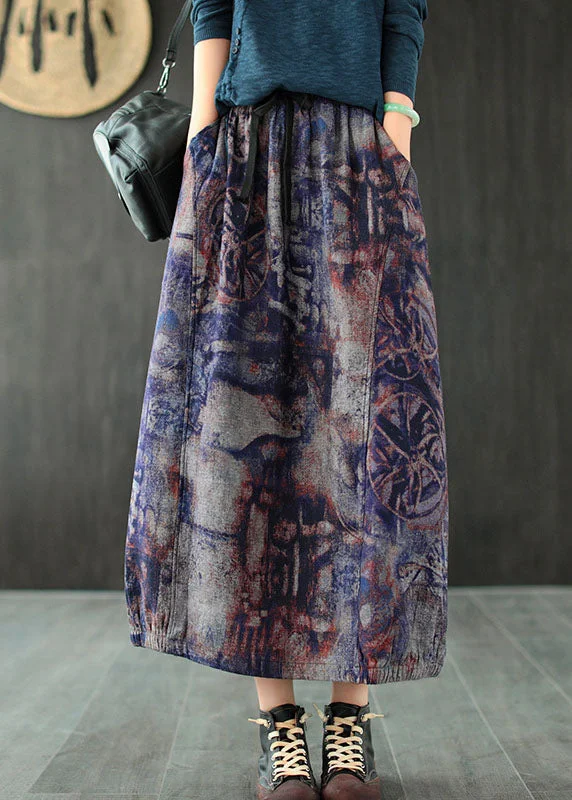 Art Purple High Waist Pockets Patchwork Print Linen Skirt Summer pleated skirt texture