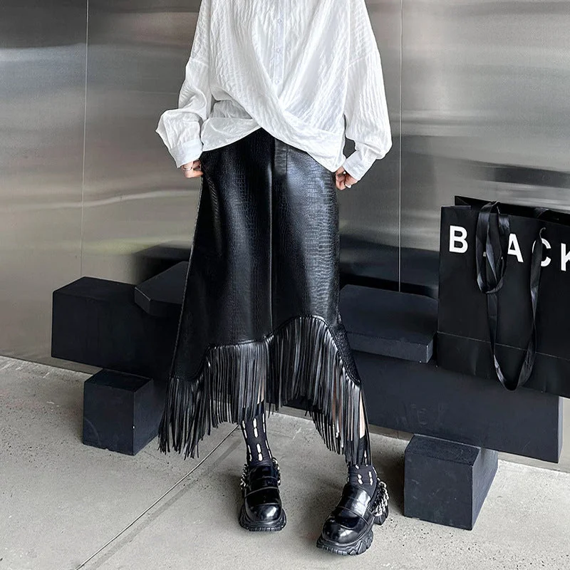 Asymmetrical Fringed Pu Leather Skirt high slit skirt