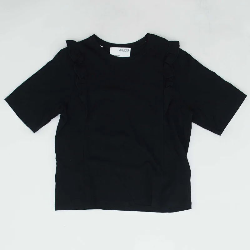 Black Solid Short Sleeve Blouse Feminine Puff Blouse