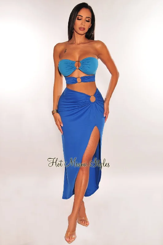 Blue Two Toned Strapless O Ring Cut Out Slit Skirt Two Piece Set silk skirt elegant