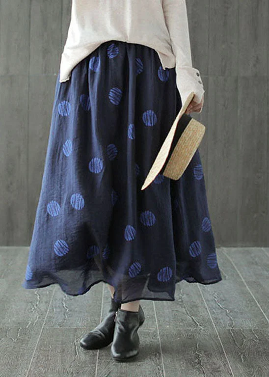 Boho dark Blue elastic waist dot print Linen Skirts Spring linen skirt light