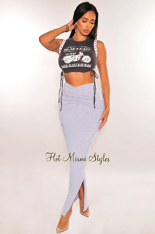 Charcoal Gray Lace Up Sleeveless Graphic Top Cargo Slit Skirt Two Piece Set leather skirt modern