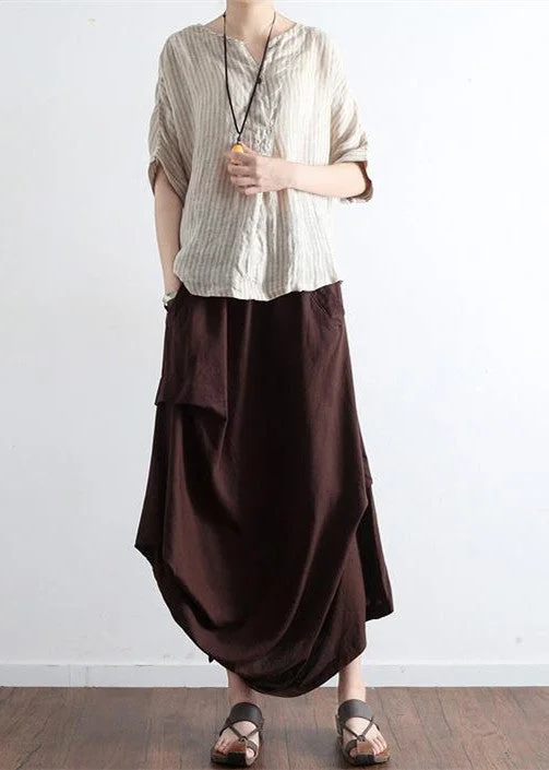 Chocolate side drawstring linen skirts asymmetrical oversized cotton skirt outfit pencil skirt chic