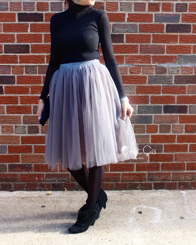 Claire Ash Gray Soft Tulle Skirt - Below Knee Midi silk skirt elegant