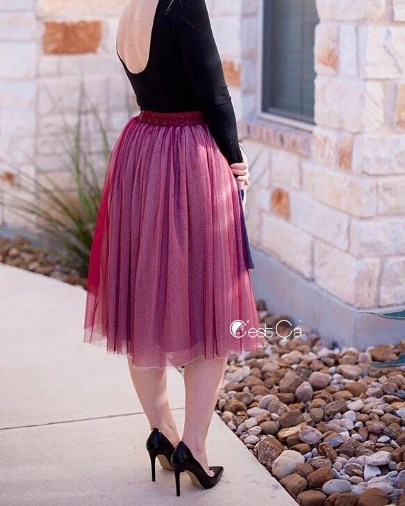 Corinne Ombre Burgundy Soft Tulle Skirt - Below Knee chiffon skirt airy