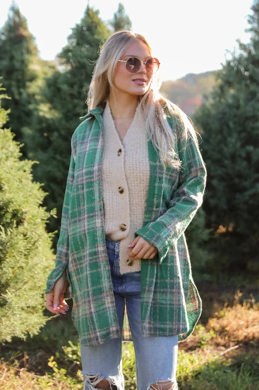 Cuddle Club Green Plaid Shacket Classic White Blouse