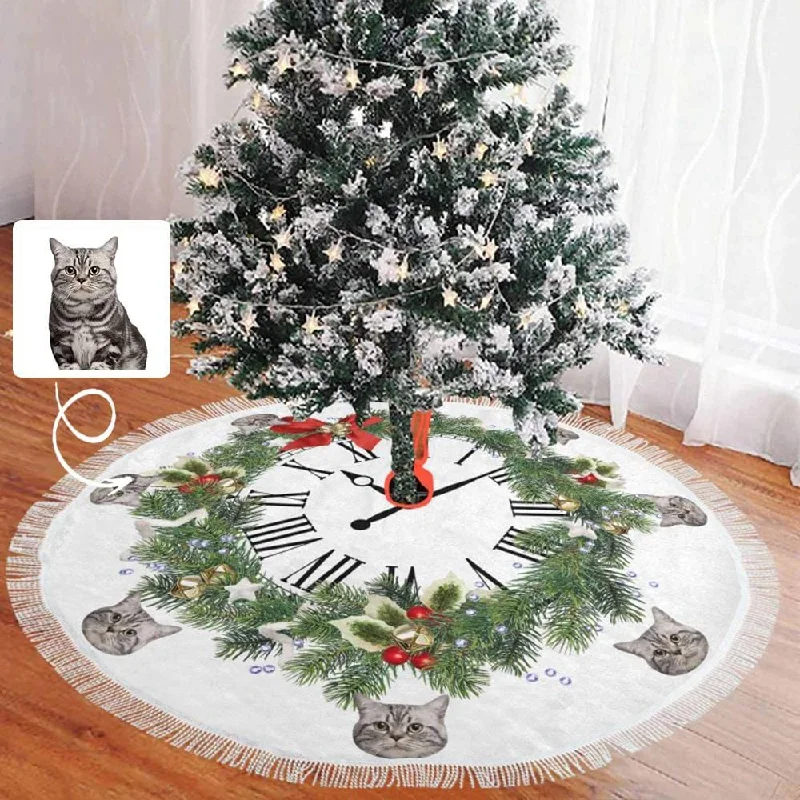 Custom Cat Face Garland Clock Christmas Tree Skirt With Tassel velvet skirt sumptuous