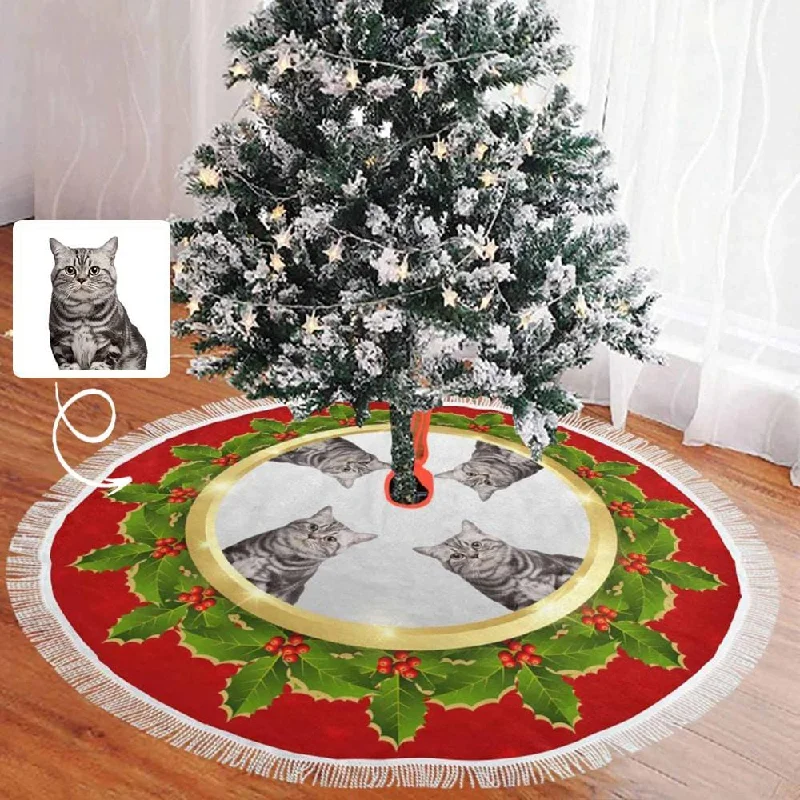 Custom Cat Face Green Leaves Christmas Tree Skirt With Tassel cotton skirt soft