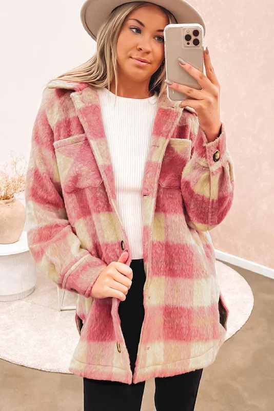 Feminine Plaid Shacket Versatile Layering Blouse