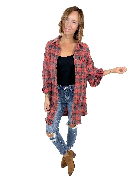 Fenton Oversized Plaid Button Shacket- FADED CORAL RED Lightweight Tunic Blouse