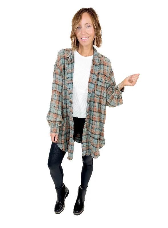 Fenton Oversized Plaid Button Shacket- VINTAGE TEAL Collared Satin Blouse
