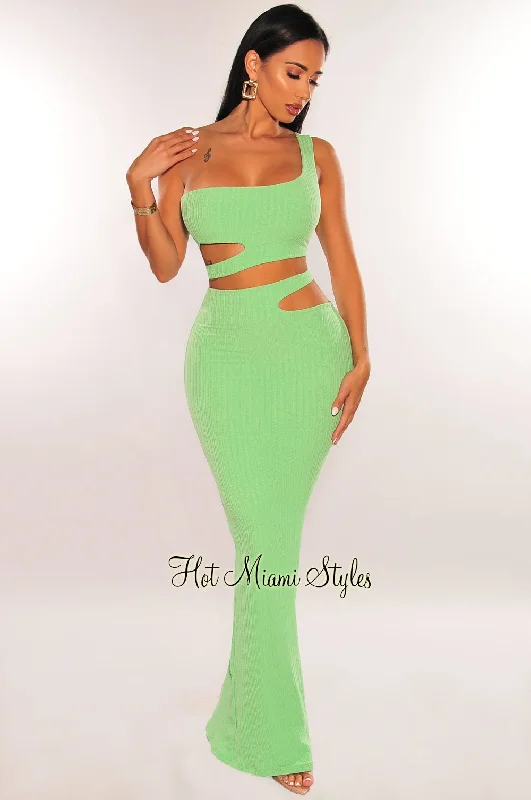 Green Ribbed One Shoulder Cut Out Maxi Skirt Two Piece Set chiffon skirt floaty