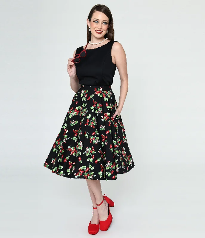 Hell Bunny Black & Cherry Print Swing Skirt linen skirt airy