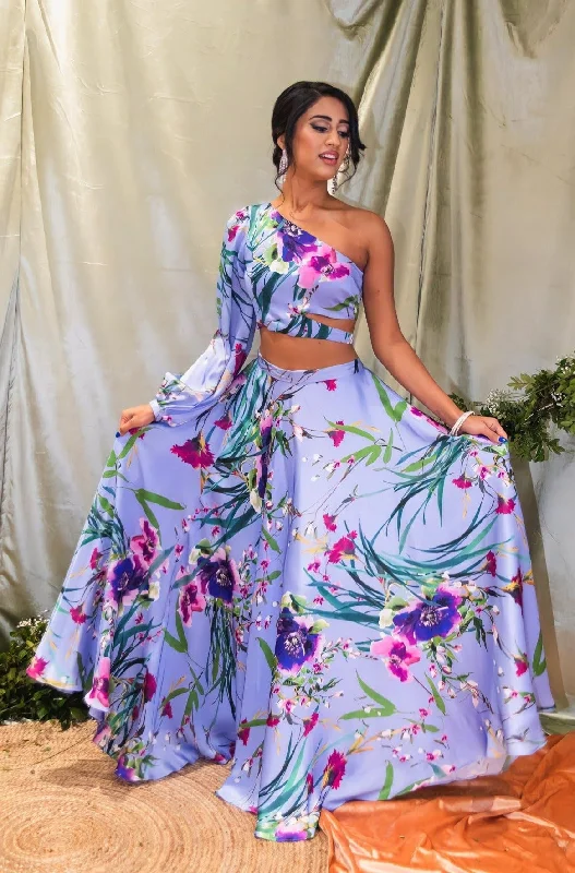 JANISHA Periwinkle Floral Satin Lehenga Skirt (Made-to-Order) chiffon skirt delicate