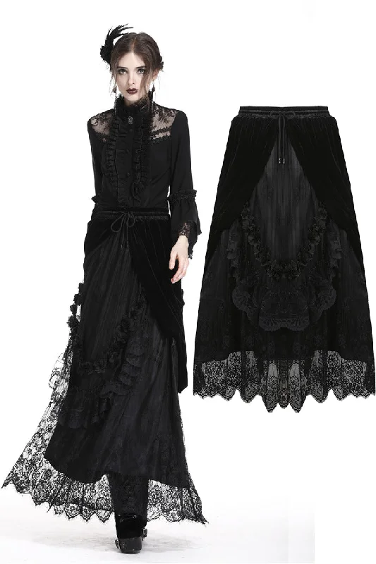 Gothic Black wave velvet lace maxi skirt KW133BK wool skirt thick