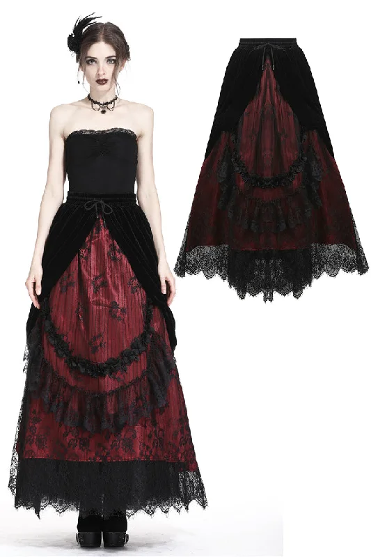 Gothic Black red wave velvet lace maxi skirt KW133RD cashmere skirt soft