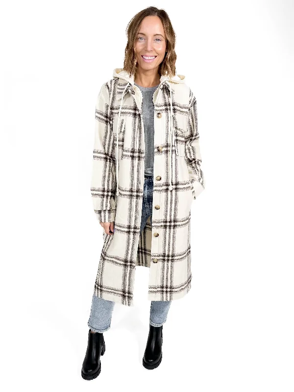 Fireside Twofer Hoodie Shacket- CREAM PLAID Peter Pan Collar Blouse