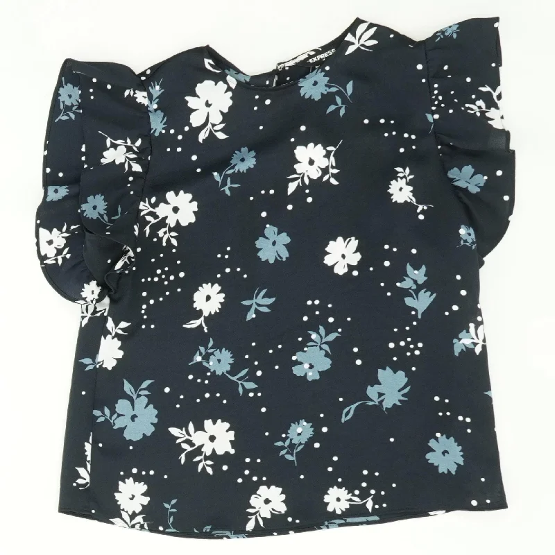 Navy Floral Short Sleeve Blouse Elegant Office Blouse