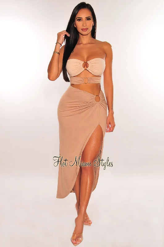 Nude Two Toned Strapless O Ring Cut Out Slit Skirt Two Piece Set leather skirt refined