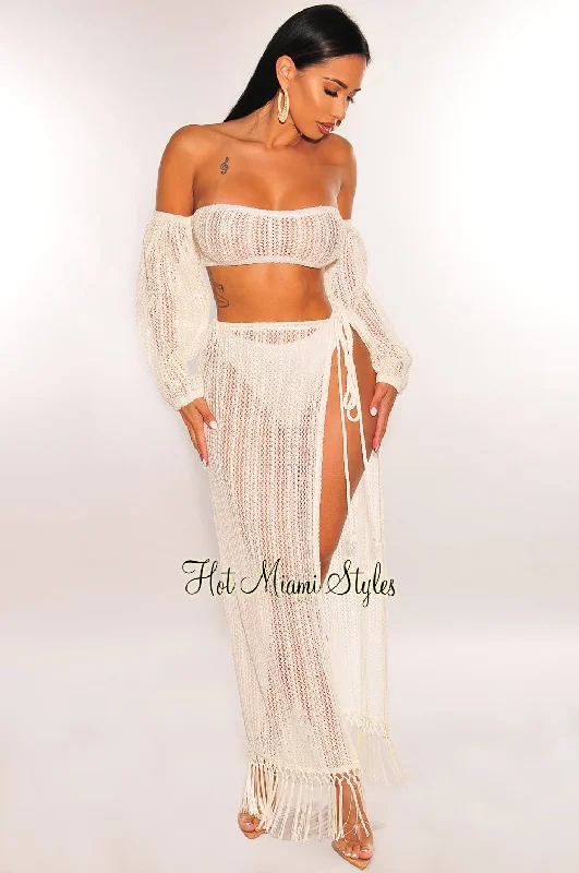 Off White Crochet Off Shoulder Long Sleeve Slit Tassle Skirt Two Piece Set chiffon skirt floaty