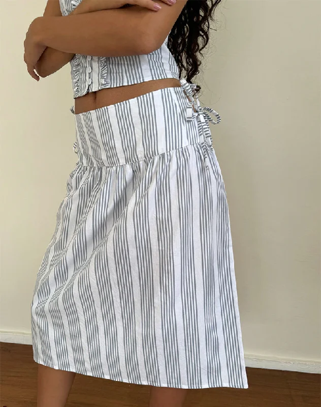 Sasay Midi Skirt in Vertical Grey Stripe zip skirt side