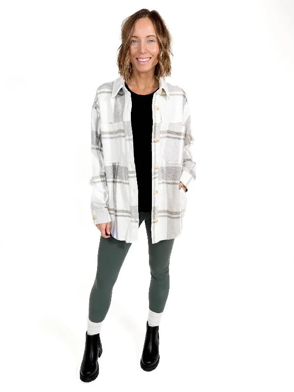 THREAD & SUPPLY Harvey Shacket- GREY PLAID Feminine Pastel Blouse
