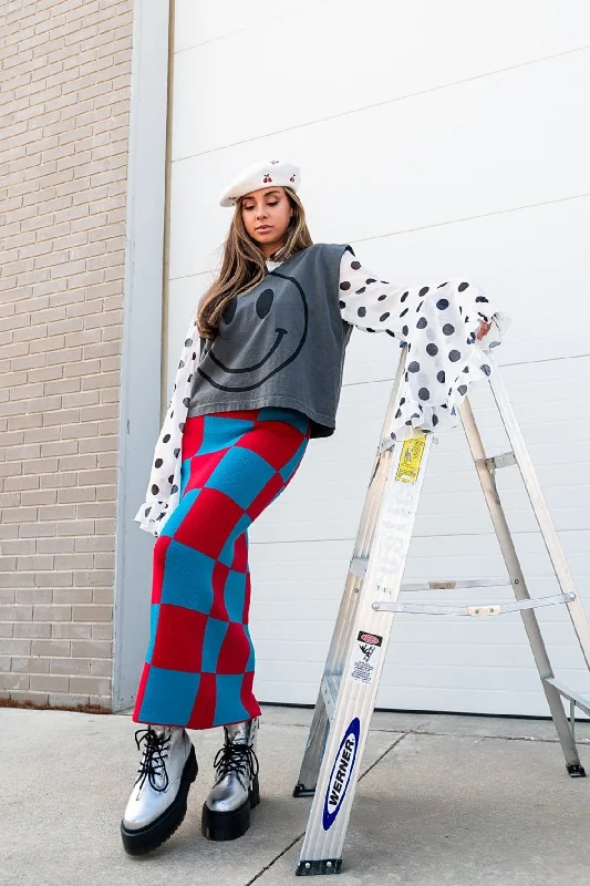 To The Stars Knit Skirt in Red + Blue Checkerboard pencil skirt chic