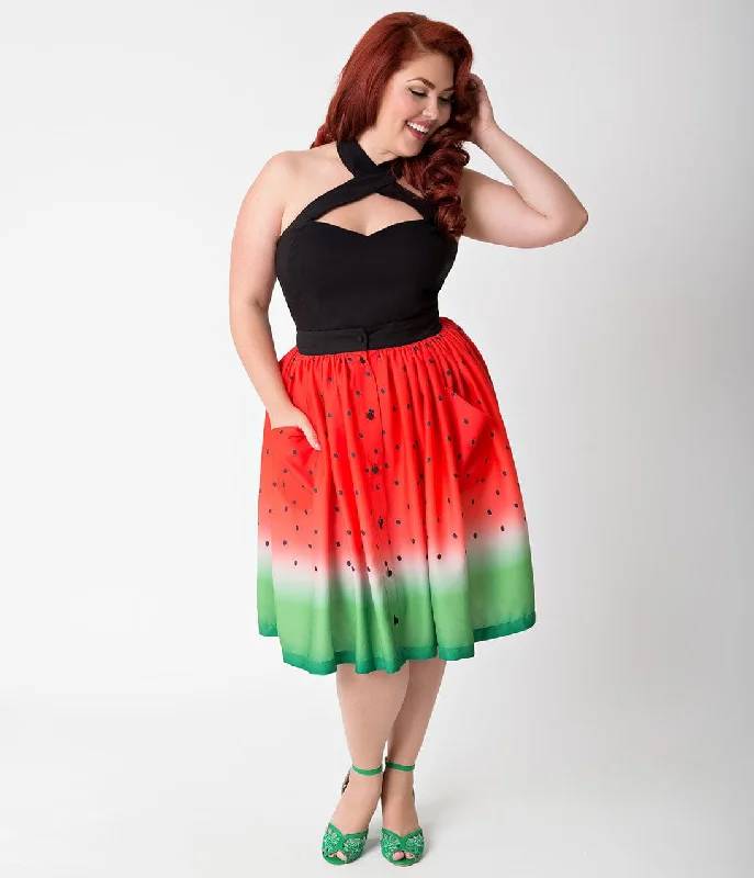 Unique Vintage Plus Size Watermelon Ombre Button Up Elora Swing Skirt athletic skirt fit