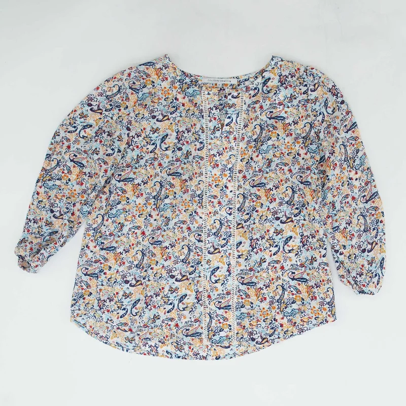 White Paisley 3/4 Sleeve Blouse High Neck Blouse