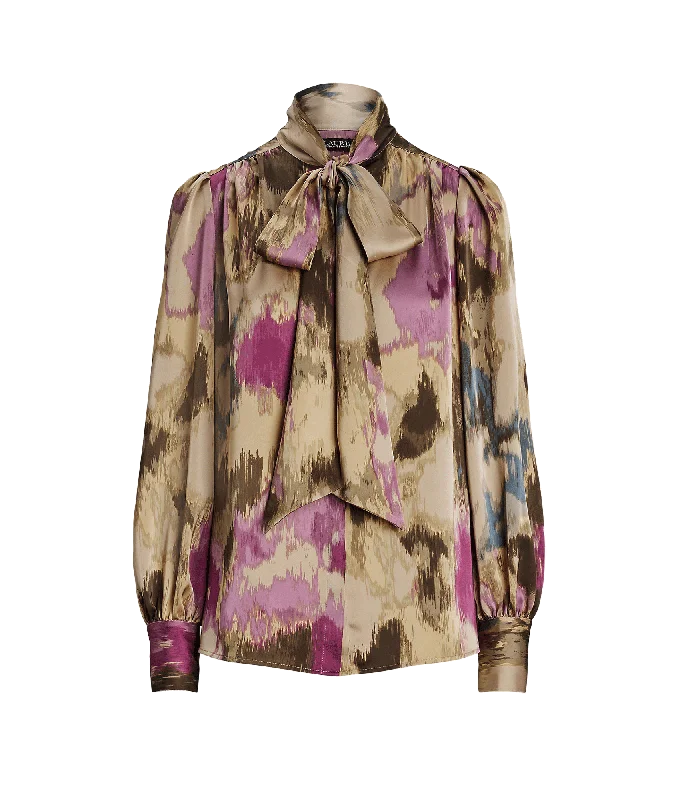 Floral Satin Charmeuse Tie-neck Blouse - Multi Sweetheart Neck Blouse
