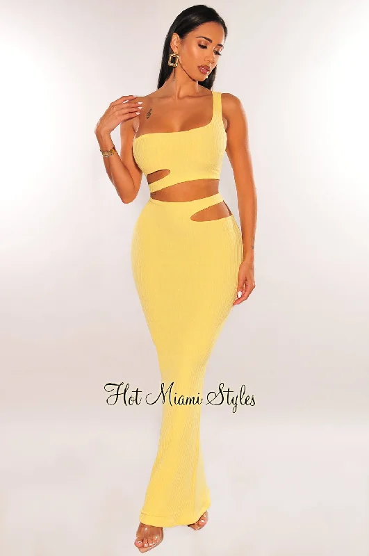 Yellow Ribbed One Shoulder Cut Out Maxi Skirt Two Piece Set cotton skirt soft